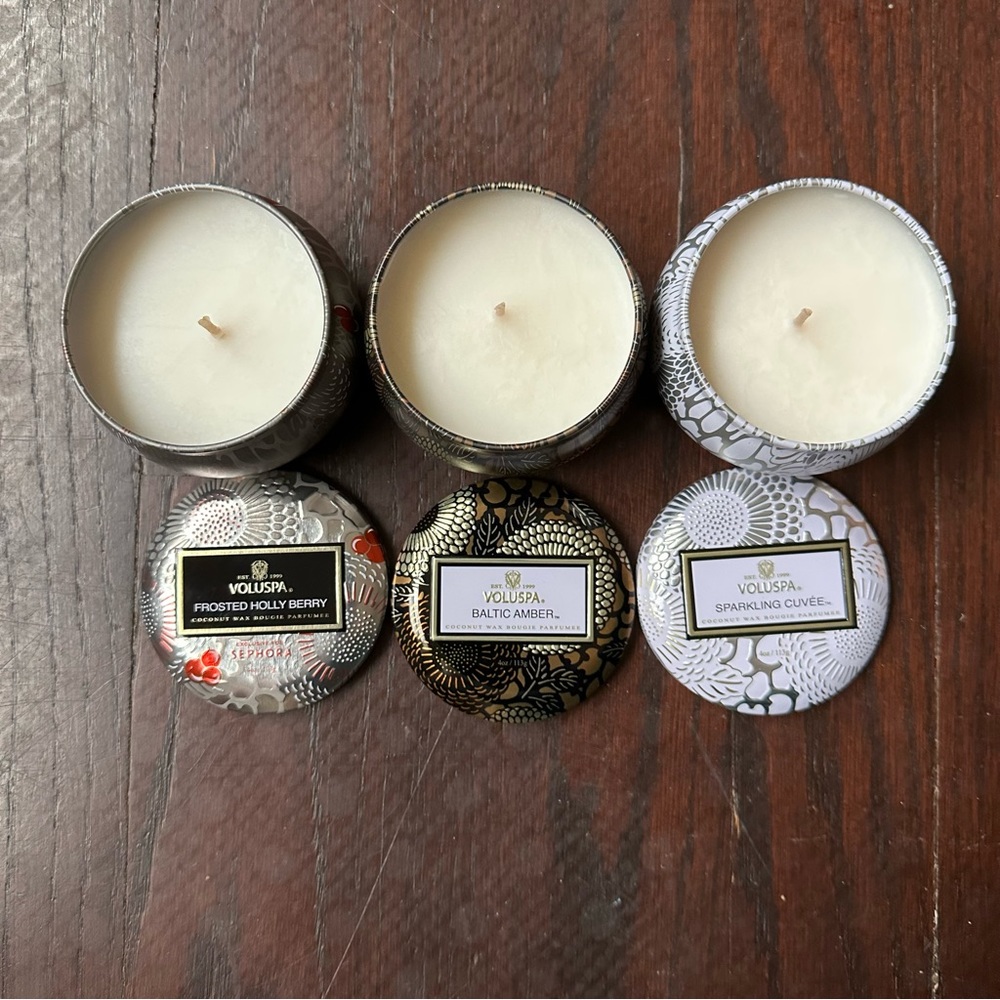 NWT Voluspa Candle Trio - Baltic amber, sparking cuvée, and frosted holly berry.